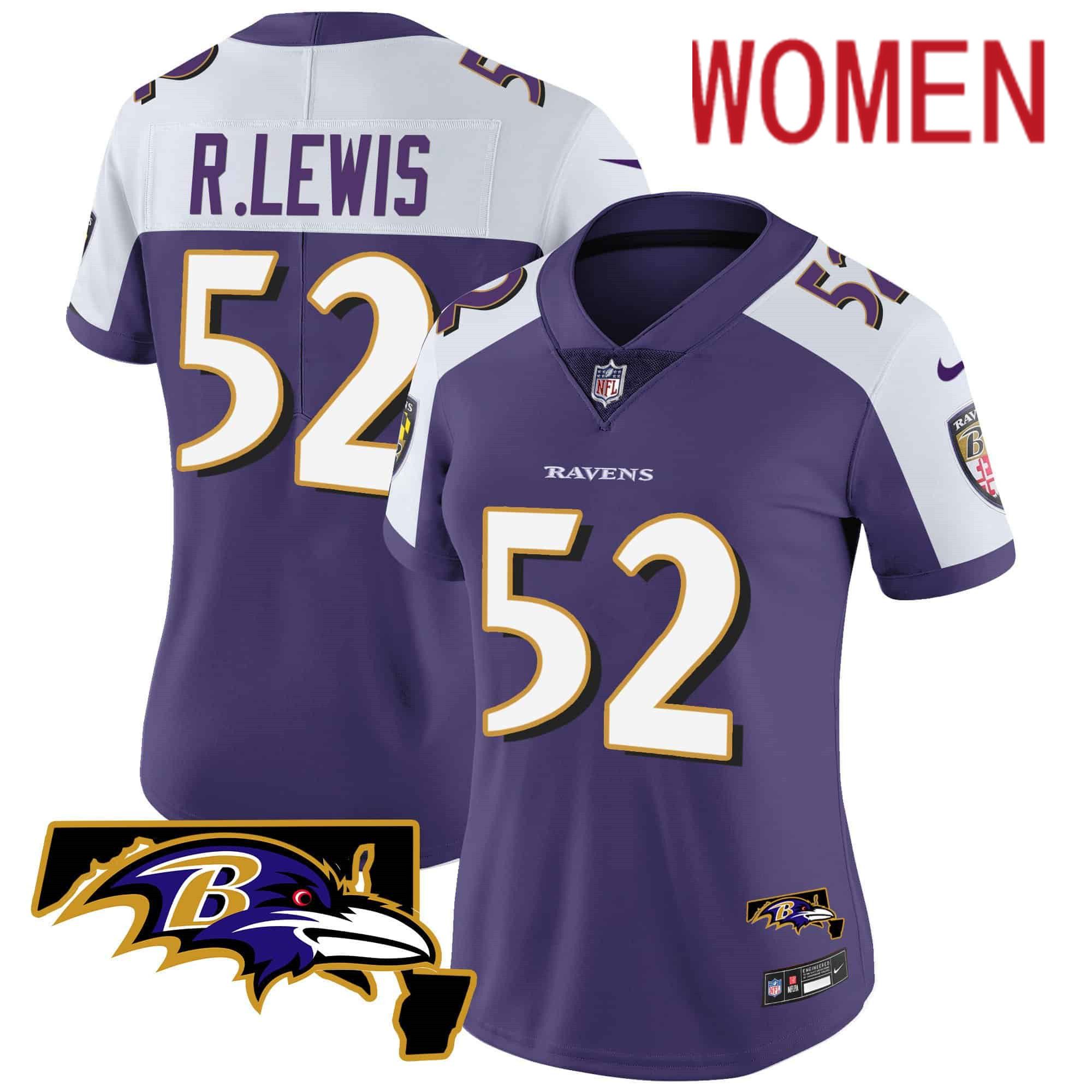 Women Baltimore Ravens 52 R.Lewis Purple 2024 Nike Maryland Patch Vapor Limited NFL Jersey